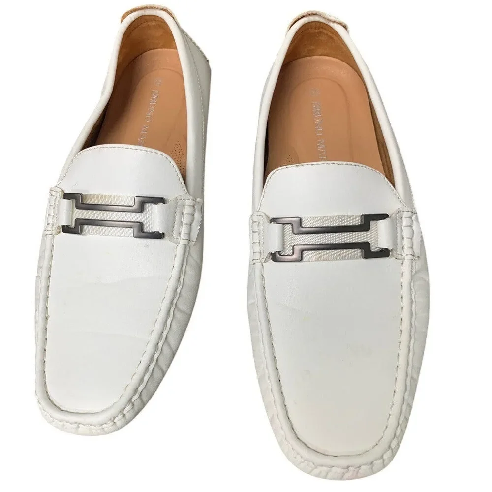 Bruno Marc Men Size 10.5 White Faux Leather Buckle Slide On Driving Loafer Shoes
